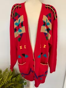 Vintage ELIZABETH LIZ CLAIBORNE Womens Plus Size 2 Red Aztec Cardigan Sweater - Picture 1 of 6