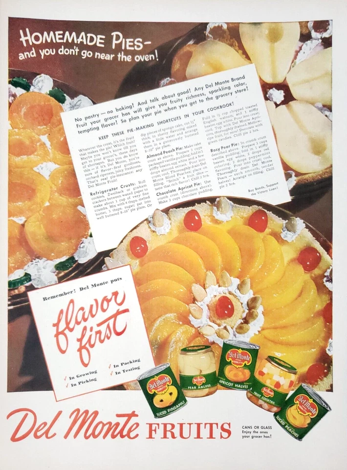 PRINT AD Del Monte Canned Fruits 1945 Homemade Pie Recipes Pears Peaches - Image 1 of 1