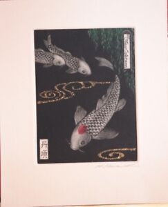 KATSUNORI HAMANISHI*1949 JAPAN-KOI KARPFEN-ROTER PUNKT-EXLIBRIS T.O.-SIGNIERT