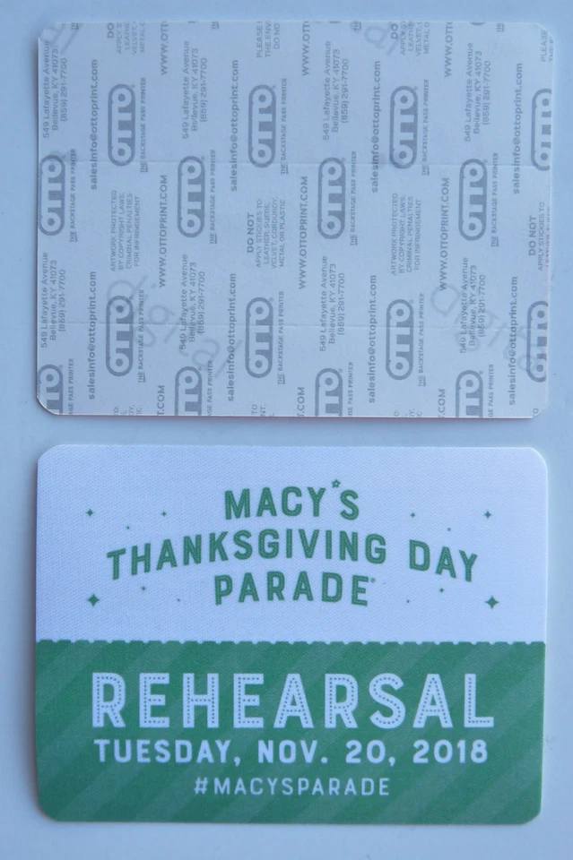 Macy's 11-20 2018 Thanksgiving Day Parade Green Rehearsal Backstage Pass - Image 1 of 1