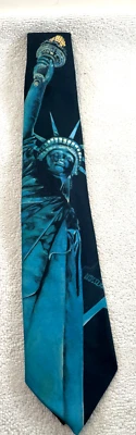 Corbata de Colección Años 90 Ralph Marlin Estatua de la Libertad Arte Negro y Azul 3"w Foto 1 de 4