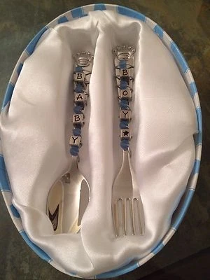 Colher e garfo Mud Pie Baby Prince lembrança caixa de presente - Imagem 1 de 4