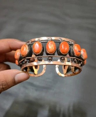 Hermoso brazalete de piedras preciosas de coral envuelto en alambre de cobre brazalete ajustable regalo Foto 1 de 4