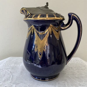 Antique Art Nouveau Cobalt Hand Gilded/Enamelled Pewter Lidded Coffee Pot. - Picture 1 of 9