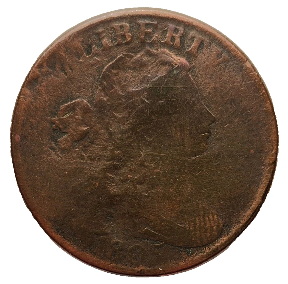 Busto drapeado 1805 centavo grande tonificado limpo danificado - Imagem 1 de 4