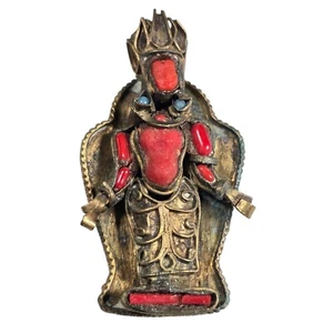Tibetan Brooch Coral Turquoise Deity Pin Brass Ethnic Buddhist Amulet Vintage - Picture 1 of 6
