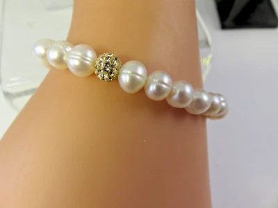 White Beaded sFreshwater Pearl Stretch Bracelet SZ S to M - Image 1 of 4