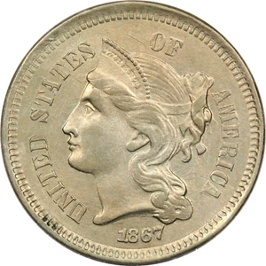 1867 Three Cent Nickel 3CN, Brilliant Uncirculated BU - Picture 1 of 2