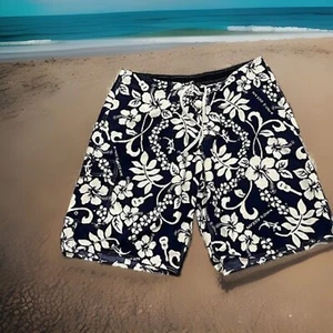 Hawaiian Print Men's Swim Trunks Board Shorts Guitar Gecko Floral Vacation Sz 38 - Picture 1 of 9