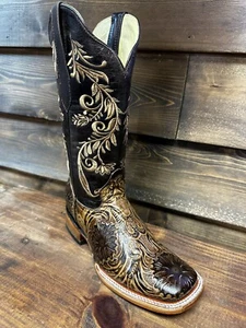 Women’s Genuine Leather Full Tooled Square Toe Brown Western Cowboy Boots-6330 - Picture 1 of 6