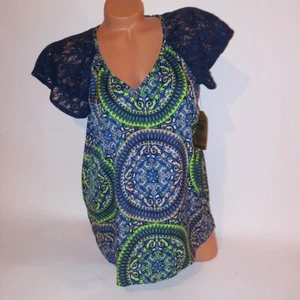 Route 66 Blouse Womens Medium Blue Green Lace Sleeves - Picture 1 of 8