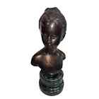 Cast Bronze Female Bust Statue on Green Marble Base Cylindrical 