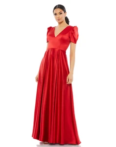 New IEENA Mac Duggal  Puff Sleeve Satin A-Line Gown in Red Size 14 - Picture 1 of 4