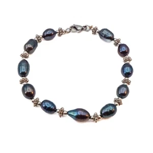 Bracciale di perle d'acqua dolce barocche nere coltivate con perline 8,5 pollici - Foto 1 di 2