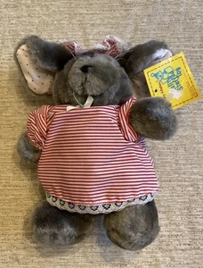 Vintage HAPPY MATES Plush Gray Mouse With Striped Dress & Sleep Hat 8” WITH TAG - Picture 1 of 9