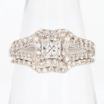 1.01ctw Princess Cut Diamond Halo Wedding Set Rings 14k White Gold Size 8.5 - Image 1 of 4