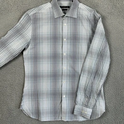 John Varvatos 美国衬衫连衣裙男式 16 34-35 白色灰色蓝色格子长袖 — 第 1/4 张图片