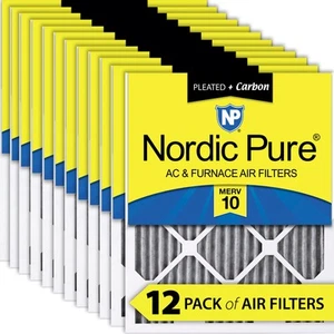 Nordic Pure 10x10x1 Pleated Air Filters MERV 10 Pleated Plus Carbon 12 Pack - Picture 1 of 7