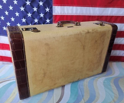 Maleta vintage Air King oro tweed 24" cuero de cocodrilo marrón en relieve Foto 1 de 4