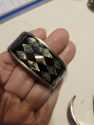Vtg Mex Silver Bracelet Sm Cuff Inlaid Abalone Mother Pearl Diamond Shape 15341☆ - Image 1 of 4
