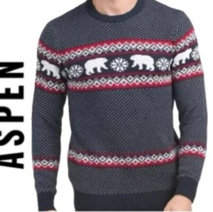 Aspen Men's Navy Polar Bear Snowflake Fair Isle Navy Blue Sweater Size S - Picture 1 of 9