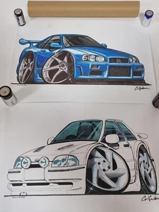 Carl Greatrix Cartoon Cars Prints x 2 Cartoon Prints 98' & 99' Rolled GT R - Picture 1 of 8