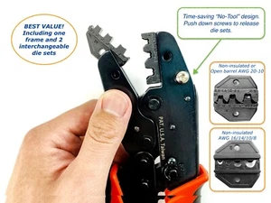 Quick Change Ratchet Crimper Tool Non-insulated Terminals 2 Dies AWG 20-8 - Picture 1 of 6