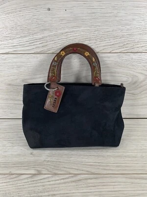 Relic Handbag Small Black Suede Brown Leather Handles Purse Embroidered Flowers - Image 1 of 4