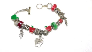 8.5" RED RHINESTONE RED ENAMEL APPLE COLOR GLASS SEPTEMBER SASS CHARM BRACELET - Picture 1 of 4