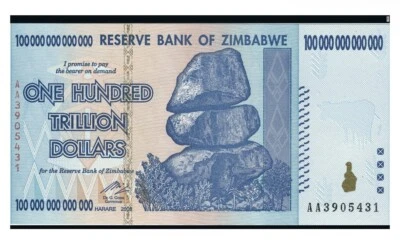 Billetes de 100 billones de Zimbabue 2008 serie AA 100 % auténticos sin circular P-91 Foto 1 de 3