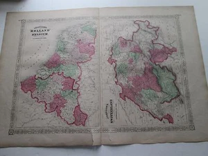 1865 HOLLAND, BELGIUM, SWITZERLAND,  ANTIQUE MAP, 1868 A.J. JOHNSON ATLAS.  - Picture 1 of 8