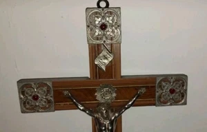 Grosses Christliches Kruzifix m.Jesus Christus a.Kreuz Holz Metall Inri Verziert - Bild 1 von 9