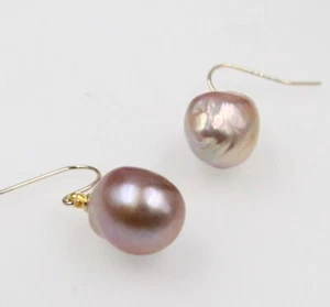 14 mm purple Baroque pearl 18KGP ear stud Chic Cultured Flawless earrings - Picture 1 of 4