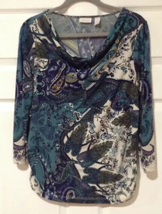 Blusa Chico’s para mujer talla 1 cachemira cuello capucha manga 3/4 con fruncido lateral - Imagen 1 de 7