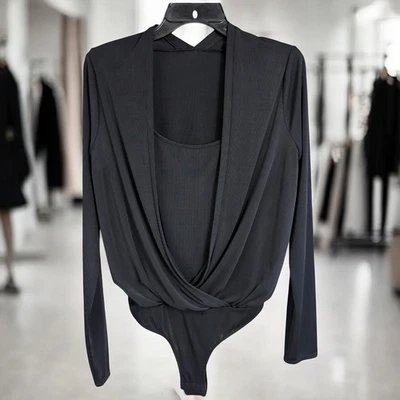 BCBGMAXAZRIA Black Surplice Wrap Long Sleeved Bodysuit Women's Size M NWT - Image 1 of 4