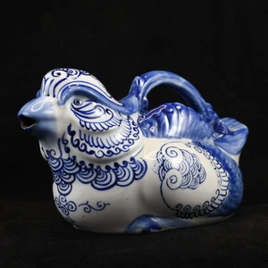 VTG Ceramic Bird-Shaped Teapot Blue White Hand Painted Folk Art 8" Porcelain - Picture 1 of 8