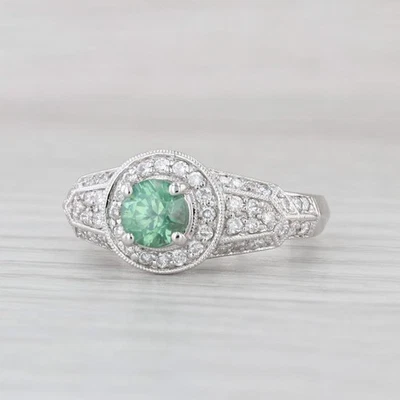 Anillo de compromiso con halo de diamantes de circón verde de 1,60 quilates de oro blanco de 14 k talla 8 Foto 1 de 4