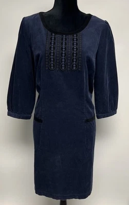Boden Womens Navy Blue Corduroy Dress Sz 12 Embroidered Modest Boho Hippie Midi - Image 1 of 4
