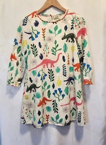 Mini Boden Girls Dress Youth 11-12 Off White Floral Dinosaurs Elastic Cuffs - Picture 1 of 8