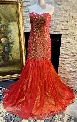 VTG Showgirl By Masquerade Sequin Drop Waist Mermaid Gown Orange Size 7/8 - Image 1 of 4