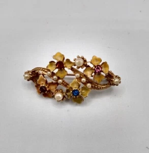 Vintage Cream Gold tone Enamel Faux Pearl rhinestone Floral Spray Brooch Pin - Picture 1 of 7