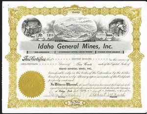 USA IDAHO GENERAL MINES Aktienzertifikat / Anleihe IDAHO - Bild 1 von 1