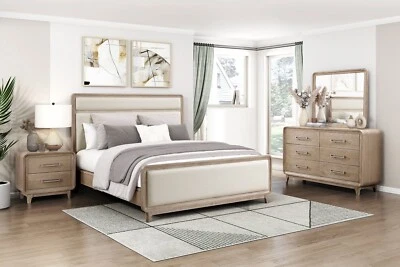 Juego Dormitorio King 5 Piezas Mueble Cama Tapizada Acabado Beige y Natural Foto 1 de 4