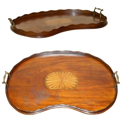 ANTIQUE CIRCA 1880 SHERATON REVIVAL SATINWOOD WALNUT SERVING TRAY BRONZE HANDLES - Image 1 of 4