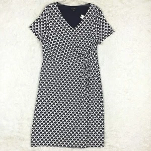Talbots Womens Dress Midi Faux Wrap Short Sleeve V Neck Navy White Print L New - Picture 1 of 11