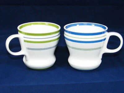 2007 STARBUCKS STRIPED 12 OZ COFFEE MUGS BLUE & GREEN & WHITE CUPS - Image 1 of 4