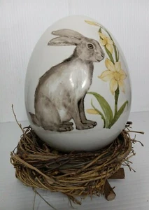 Easter Rabbit and Flower on Ceramic Egg in Nest  - Picture 1 of 12