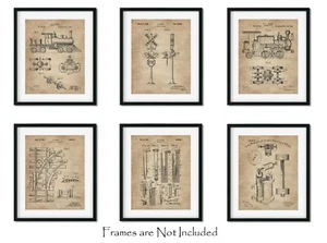 Railroad Train Patent Print Set 6 Vintage Art Prints 8x10 in. Locomotive Railway - Picture 1 of 10