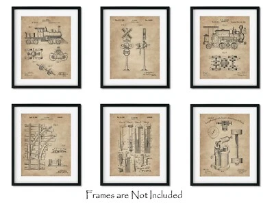 Railroad Train Patent Print Set 6 Vintage Art Prints 8x10 in. Locomotive Railway - Image 1 of 4