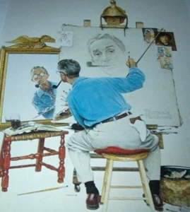 TRIPLE SELF PORTRAIT His Easel Norman Rockwell Cartoons Caricatures Print 15x11" - Picture 1 of 2